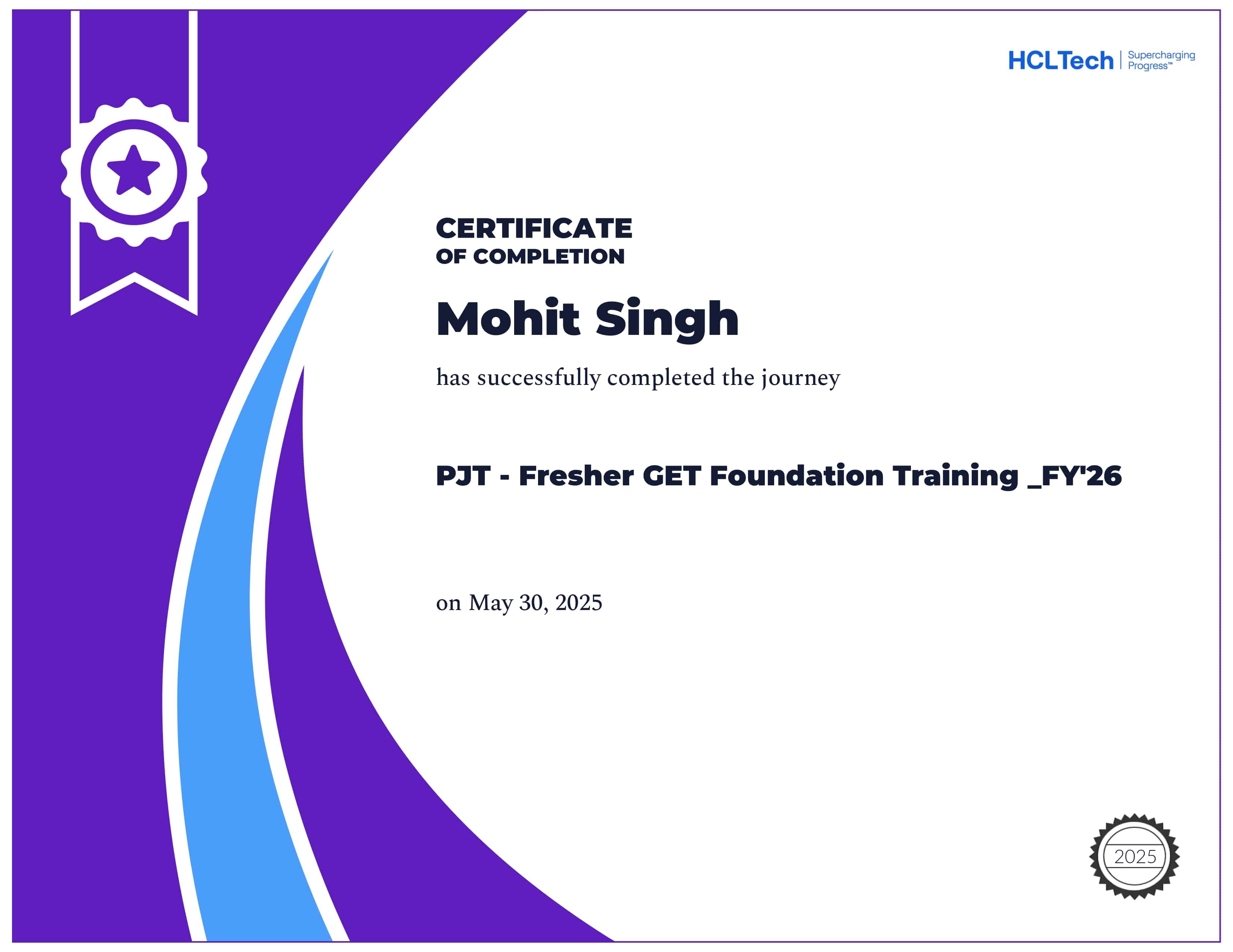 HCLTech Virtual Training certificate