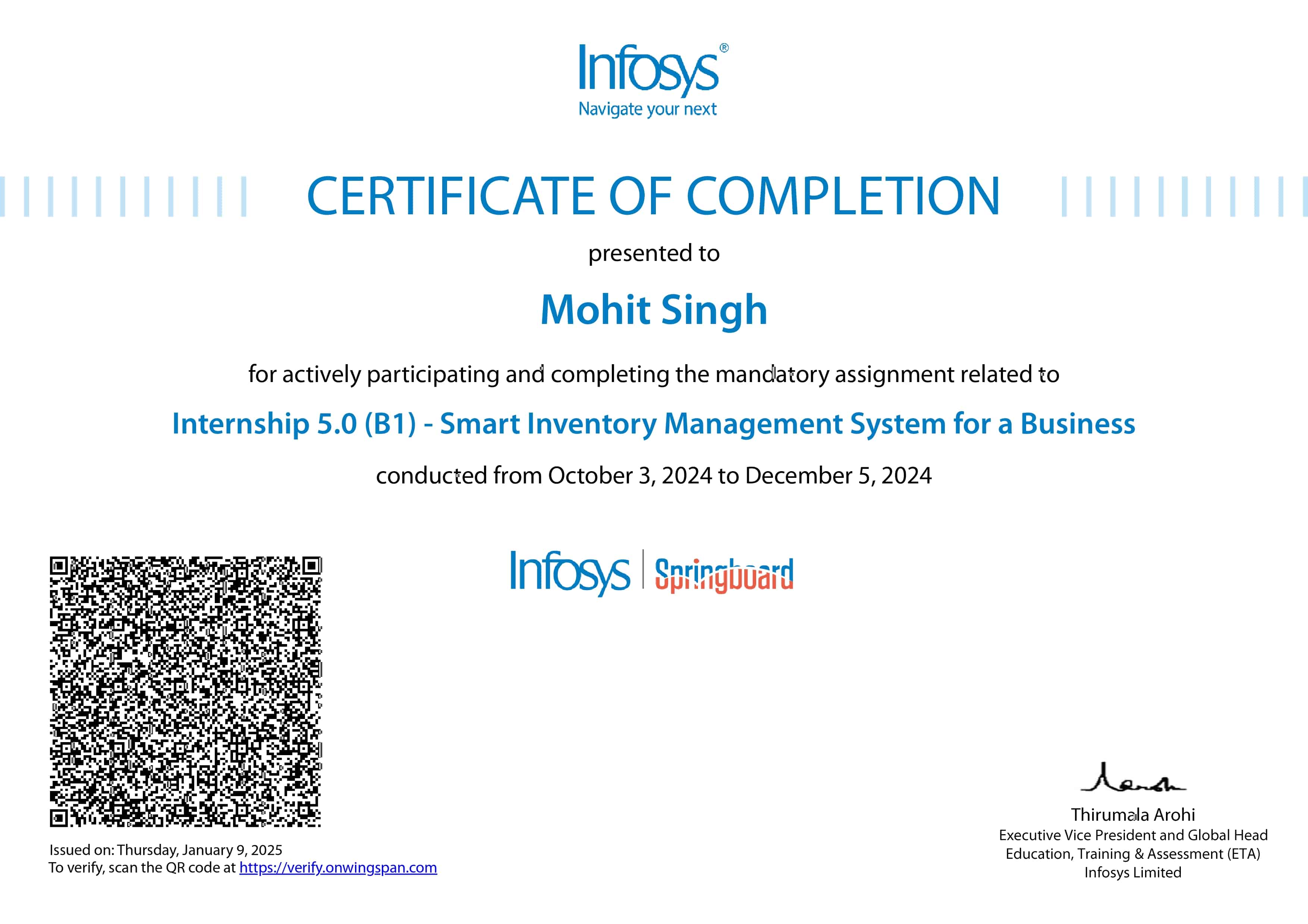 Infosys Springboard 5.0 certificate